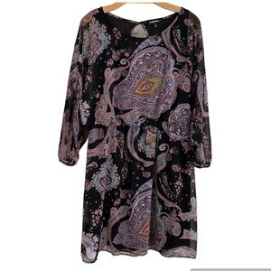 EXPRESS Purple & Black Paisley Print Flowy 3/4 Sleeve Mini Dress Size Large